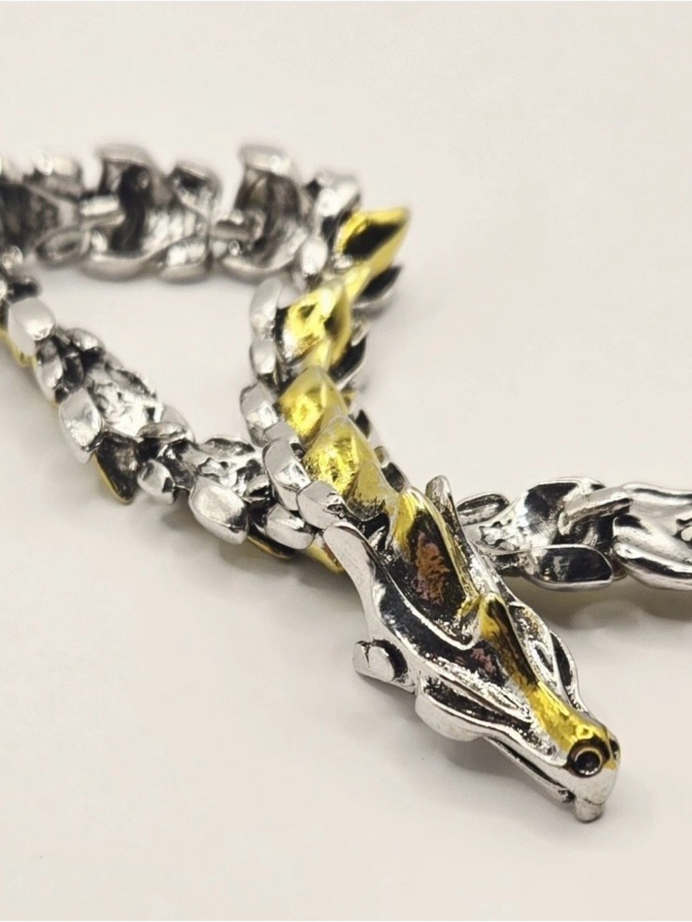 Retro Two-Toned Gold & Silver Metal Dragon Link Bracelet - Picture 8 of 10